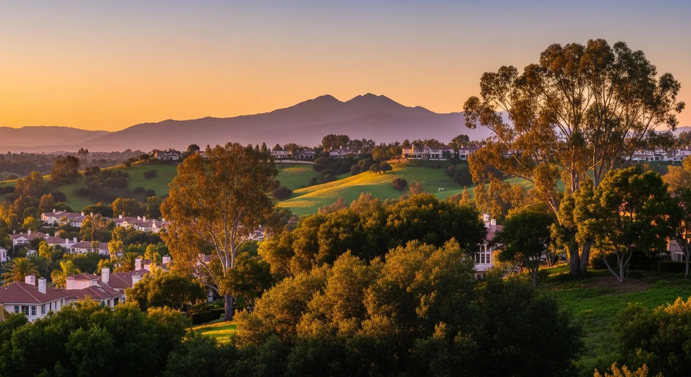 A Lake Forest neighborhood overlook at sunset with rolling hills, live oak trees, and Saddleback Mountain in the distance