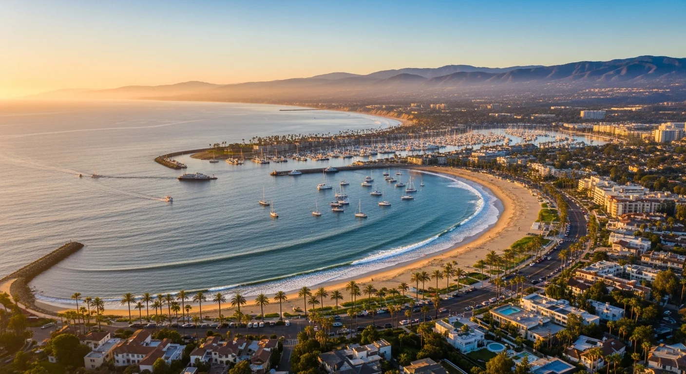 Aerial golden-hour view of Orange County, California's Pacific coastline with Newport Beach harbor, sailboats, palm-lined boulevards, and the Santa Ana Mountains in the distance