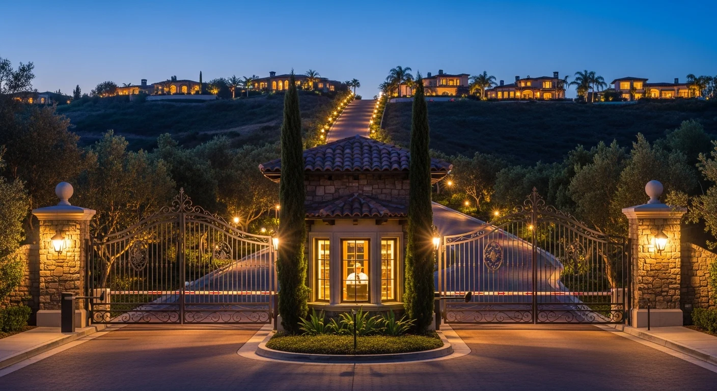Manned guard gatehouse and stacked-stone pillar entrance of the Pelican Crest gated community in Newport Coast at dusk, with Mediterranean estates uplit on the hillside beyond