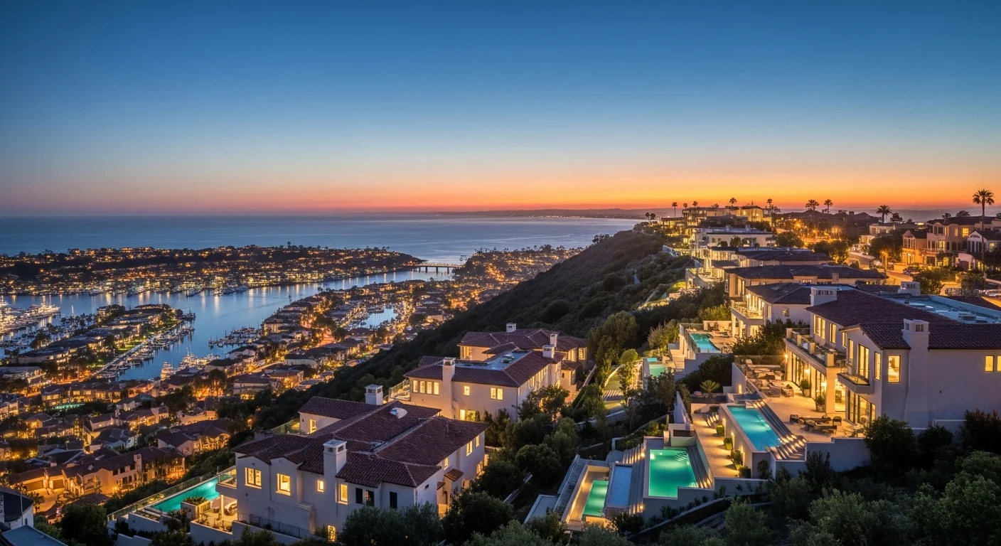 Harbor Ridge gated hilltop community in Newport Beach at twilight with custom contemporary and Mediterranean estates climbing a ridgeline above panoramic harbor and ocean views