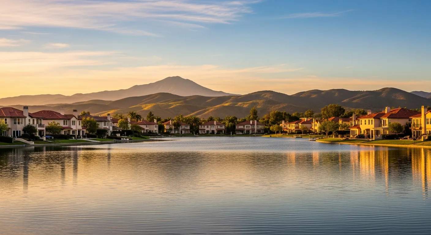 Lago Santa Margarita at golden hour surrounded by Spanish-revival homes, rolling chaparral hills, and Saddleback Mountain