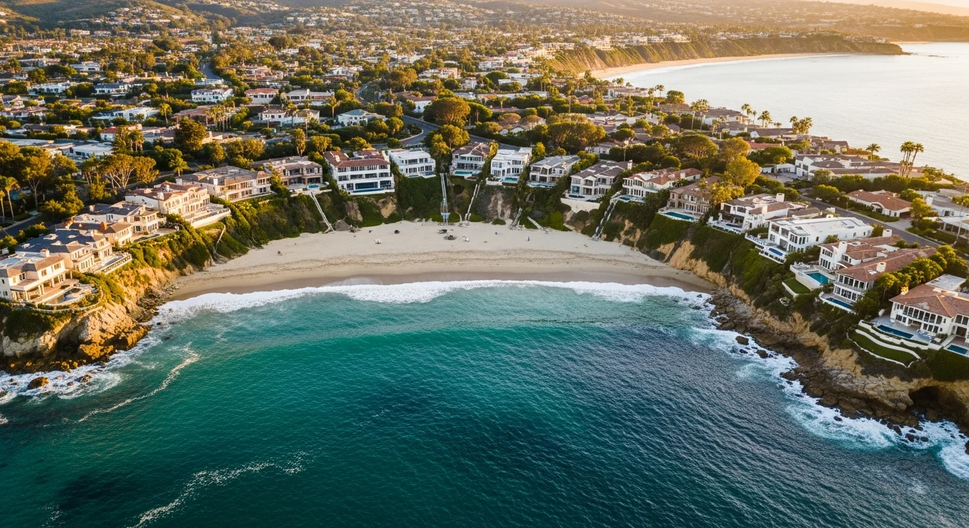 Aerial view of Emerald Bay private cove in Laguna Beach at golden hour, framed by gated bluff-top coastal estates and turquoise Pacific waters