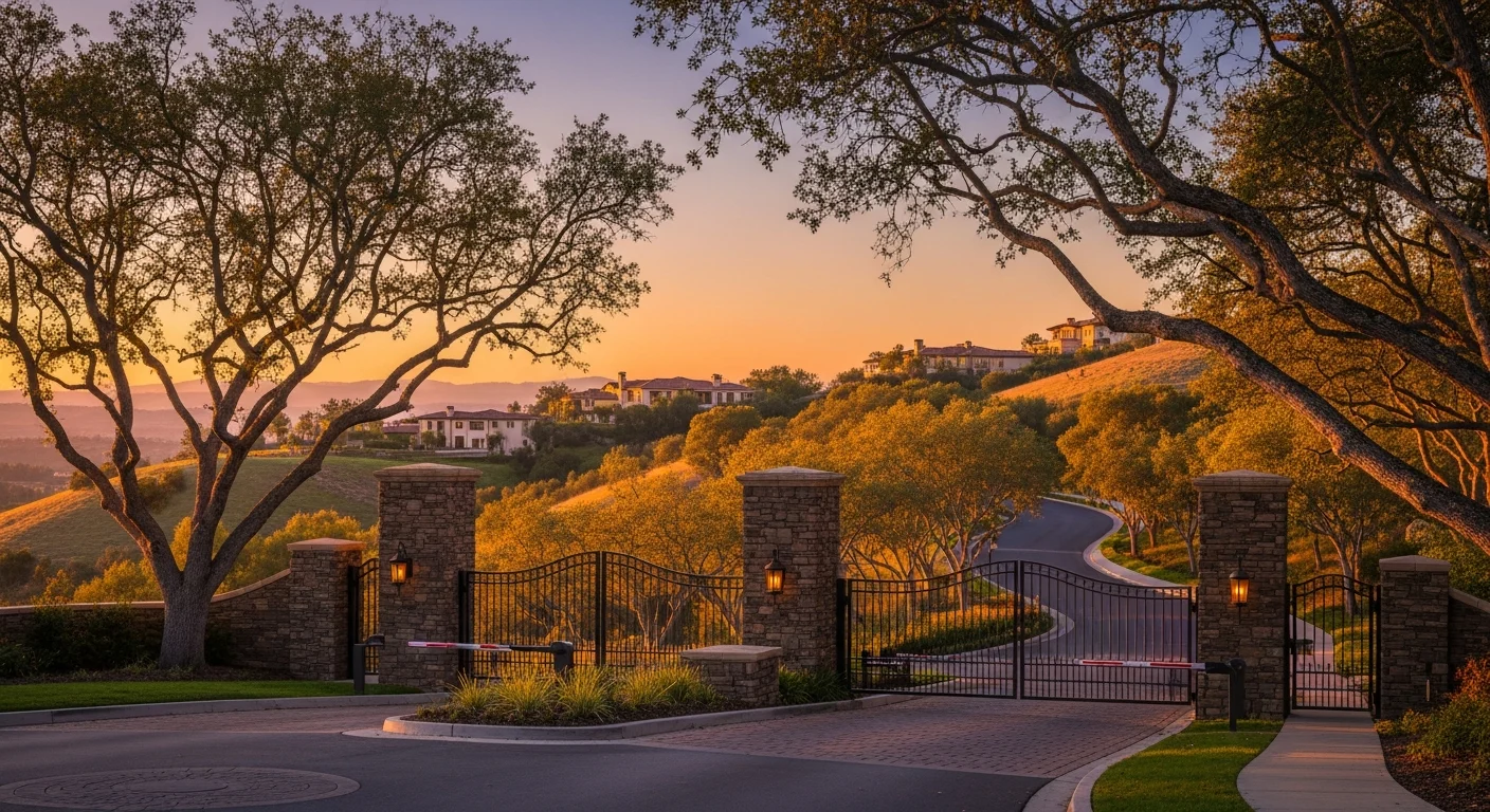 Private guard-gated entrance to Shady Canyon in Irvine at sunset, with stacked stone pillars, oak trees, and a winding road climbing to Tuscan estates on the hillside