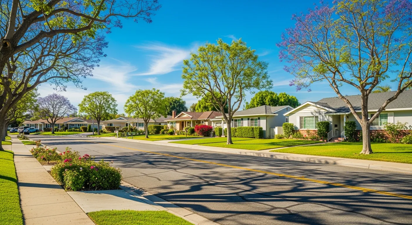 A sunny suburban Los Alamitos streetscape with mature trees, well-kept ranch homes, and a clear Southern California sky