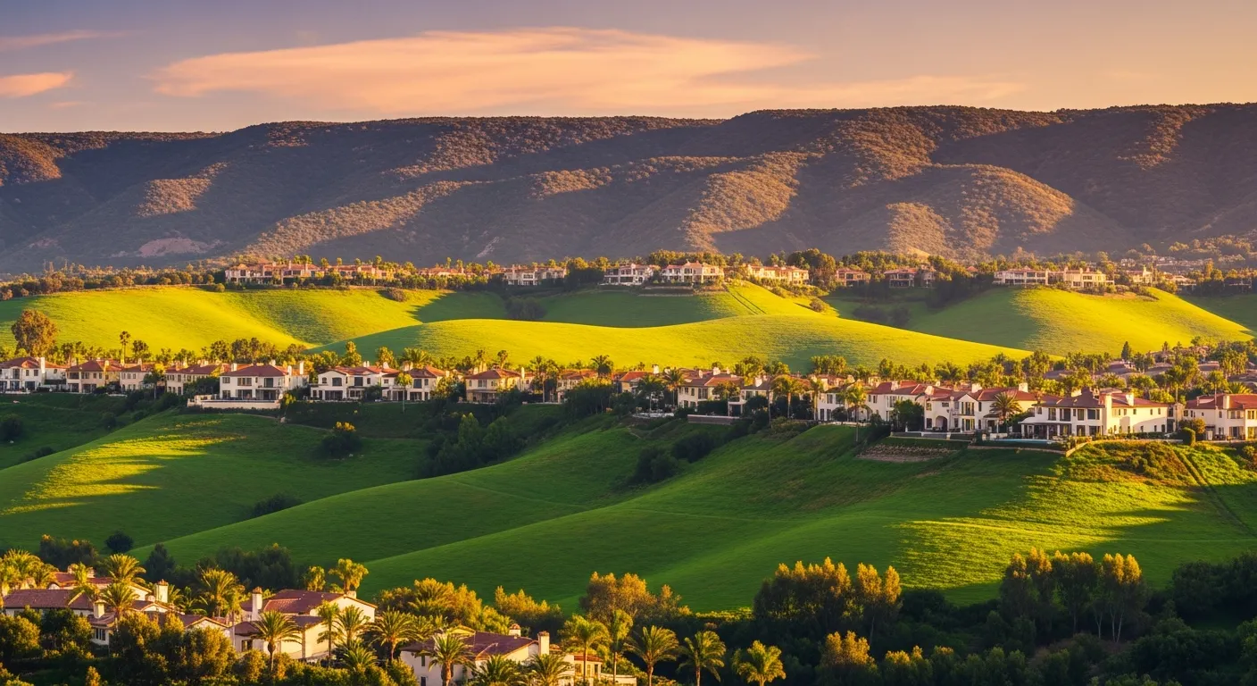 Rolling green hills of Aliso Viejo at golden hour with master-planned community homes terraced into the hillsides