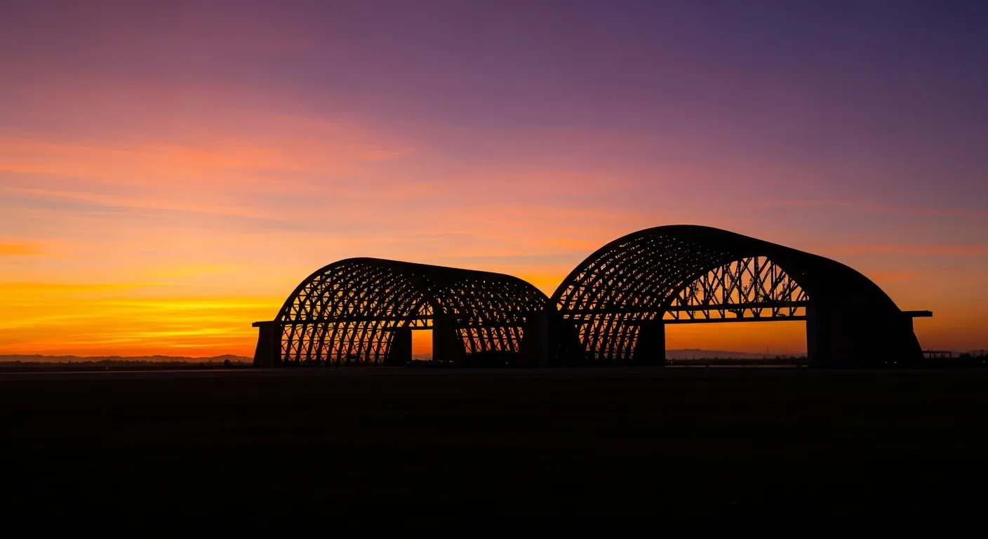 The iconic Tustin blimp hangars silhouetted at sunset against a vibrant orange and purple Orange County sky