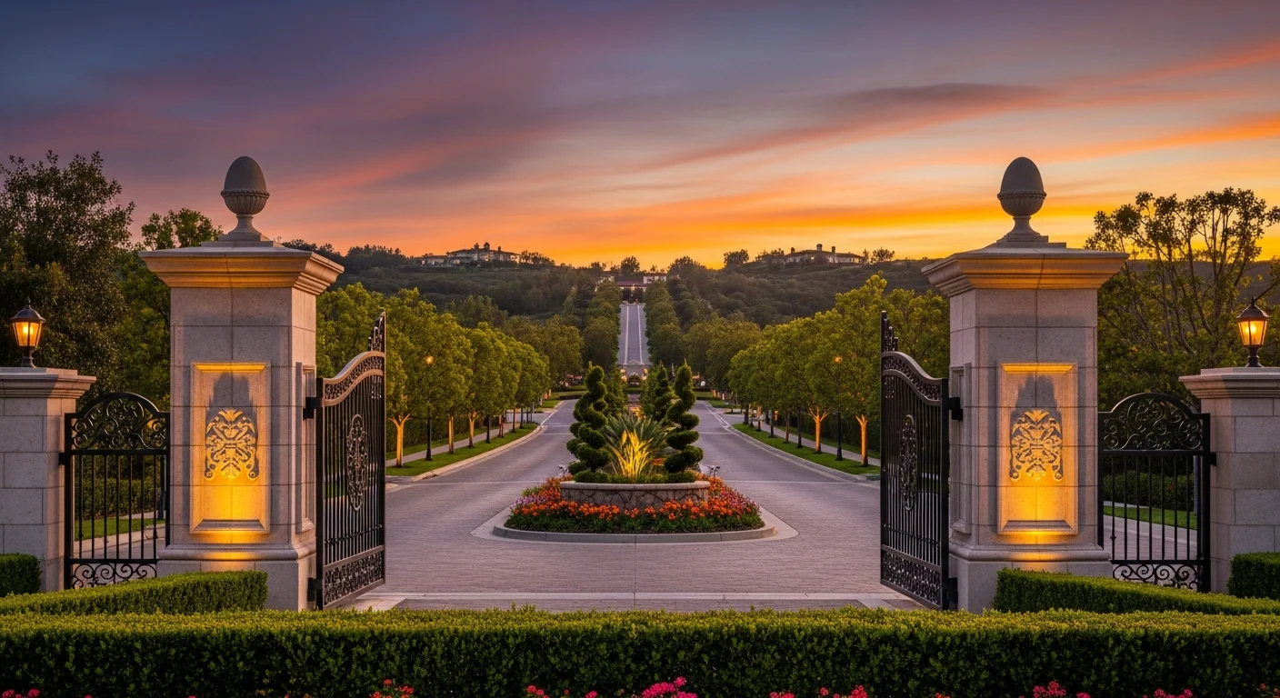 Covenant Hills guard-gated entrance in Ladera Ranch at sunset with formal stone pillars, ornate iron gates, manicured landscaping, and a tree-lined boulevard climbing toward Mediterranean estates