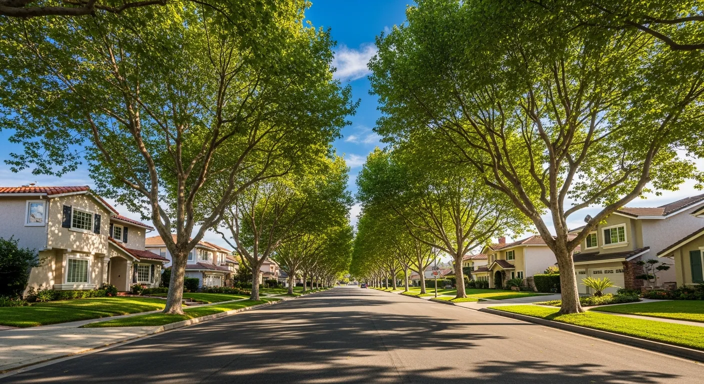 A tree-lined Cypress, California residential boulevard with mature canopy trees casting dappled light over the road