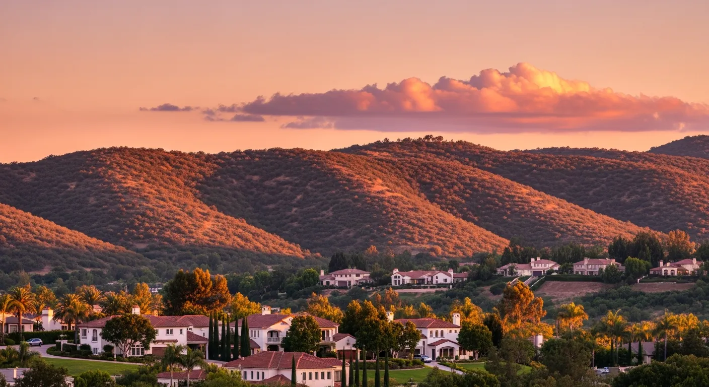 The foothills of Brea at sunset with rolling chaparral-covered hills and an upscale neighborhood in the foreground
