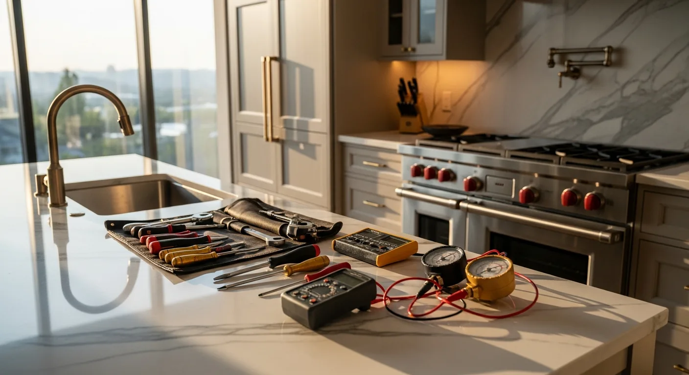 Premium appliance technician's tools — a leather tool roll, brass screwdrivers, a digital multimeter, and refrigeration gauges — laid out on a polished Calacatta marble countertop beside a built-in Sub-Zero–style paneled refrigerator and a 48-inch Wolf-style professional stainless range in an ultra-luxury Orange County kitchen at golden hour
