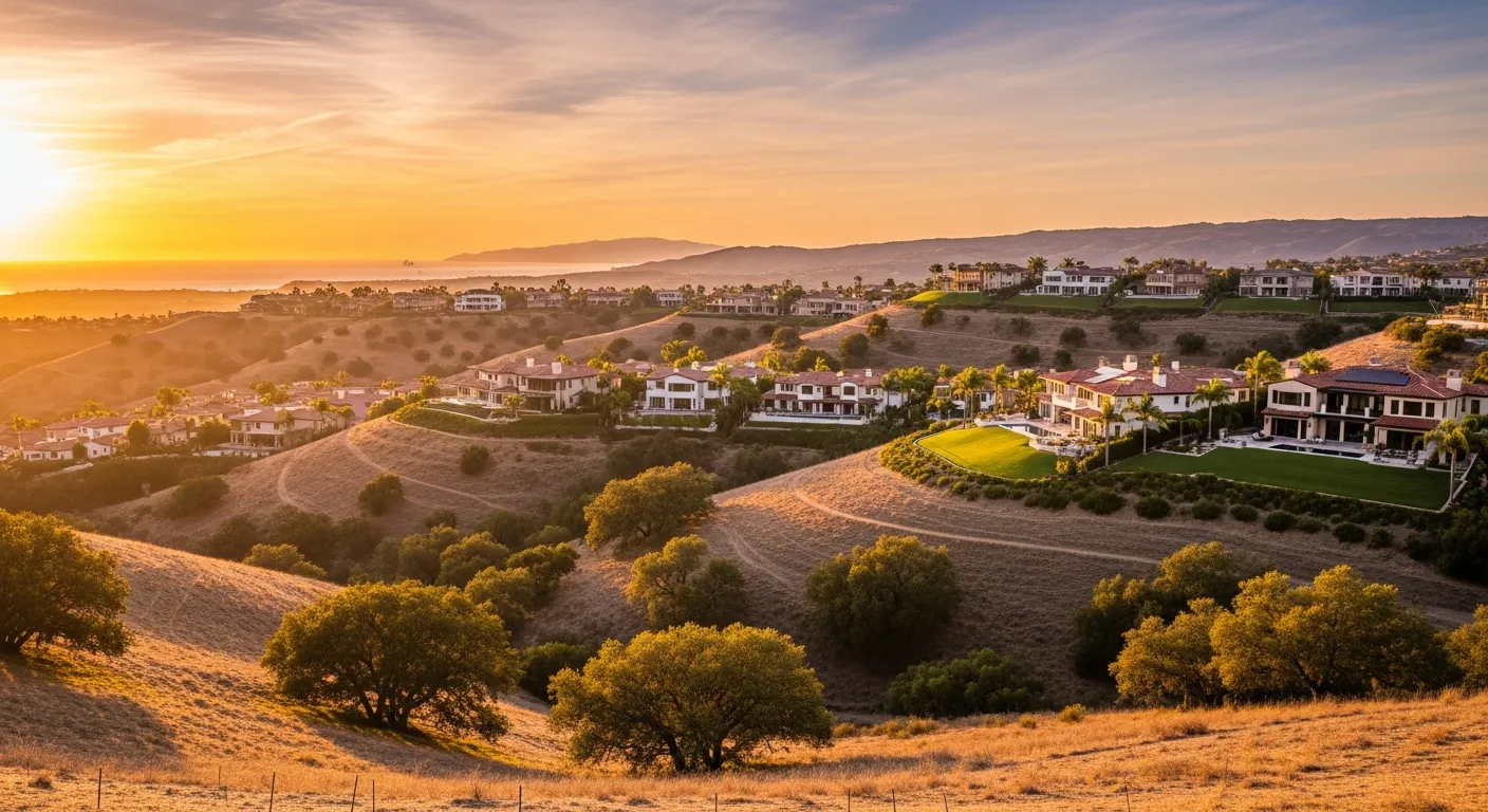 Rolling hills of Laguna Niguel at sunset with terraced master-planned community homes and the Pacific Ocean in the distance