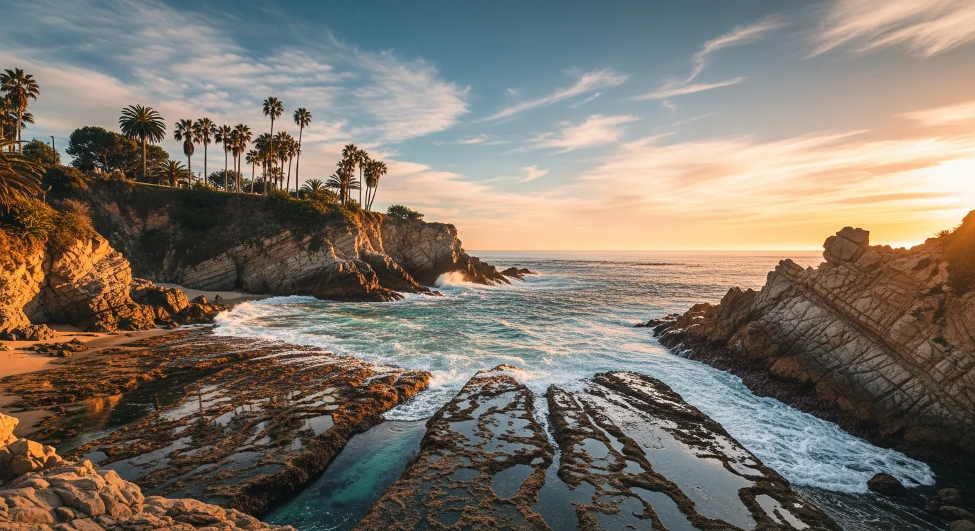 The rocky cliffs and turquoise coves of Laguna Beach at golden hour with Pacific waves breaking against tide pools
