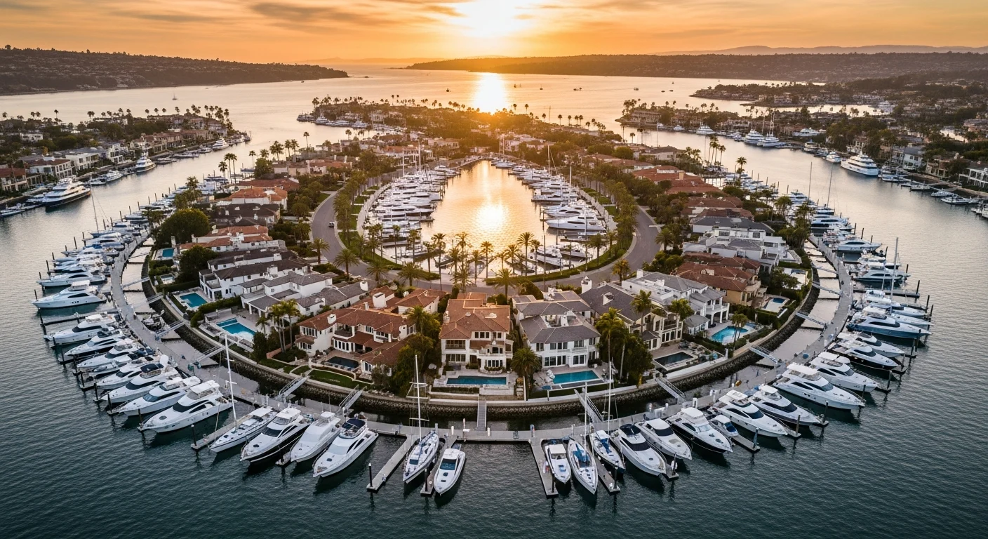 Linda Isle private island in Newport Harbor at sunset, ringed by waterfront mansions with yachts and sailboats moored at private docks along every slip