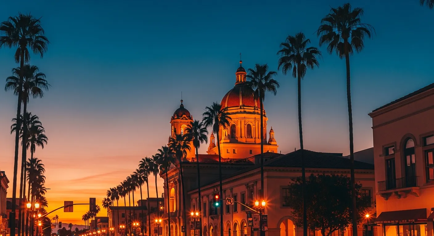 Downtown Santa Ana at dusk with the historic Old Orange County Courthouse dome lit warmly against an evening sky