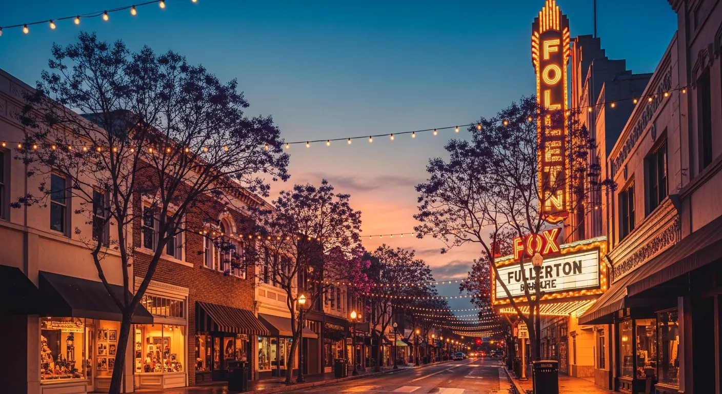 Historic downtown Fullerton at twilight with the iconic Fox Theatre marquee glowing and jacaranda trees in bloom