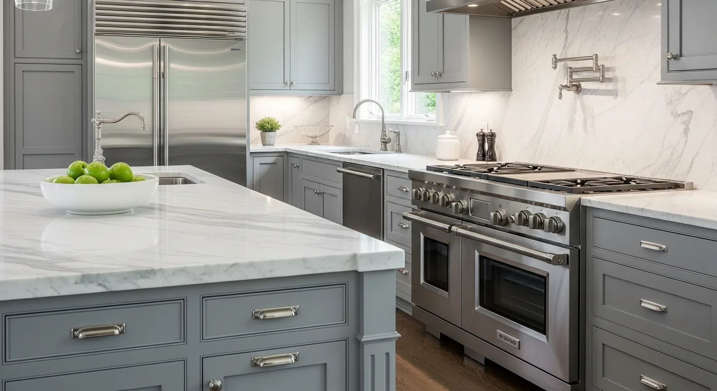 Upscale modern Orange County kitchen featuring a 48-inch professional stainless range and French-door style refrigerator — representative of the GE Monogram installs Akra services