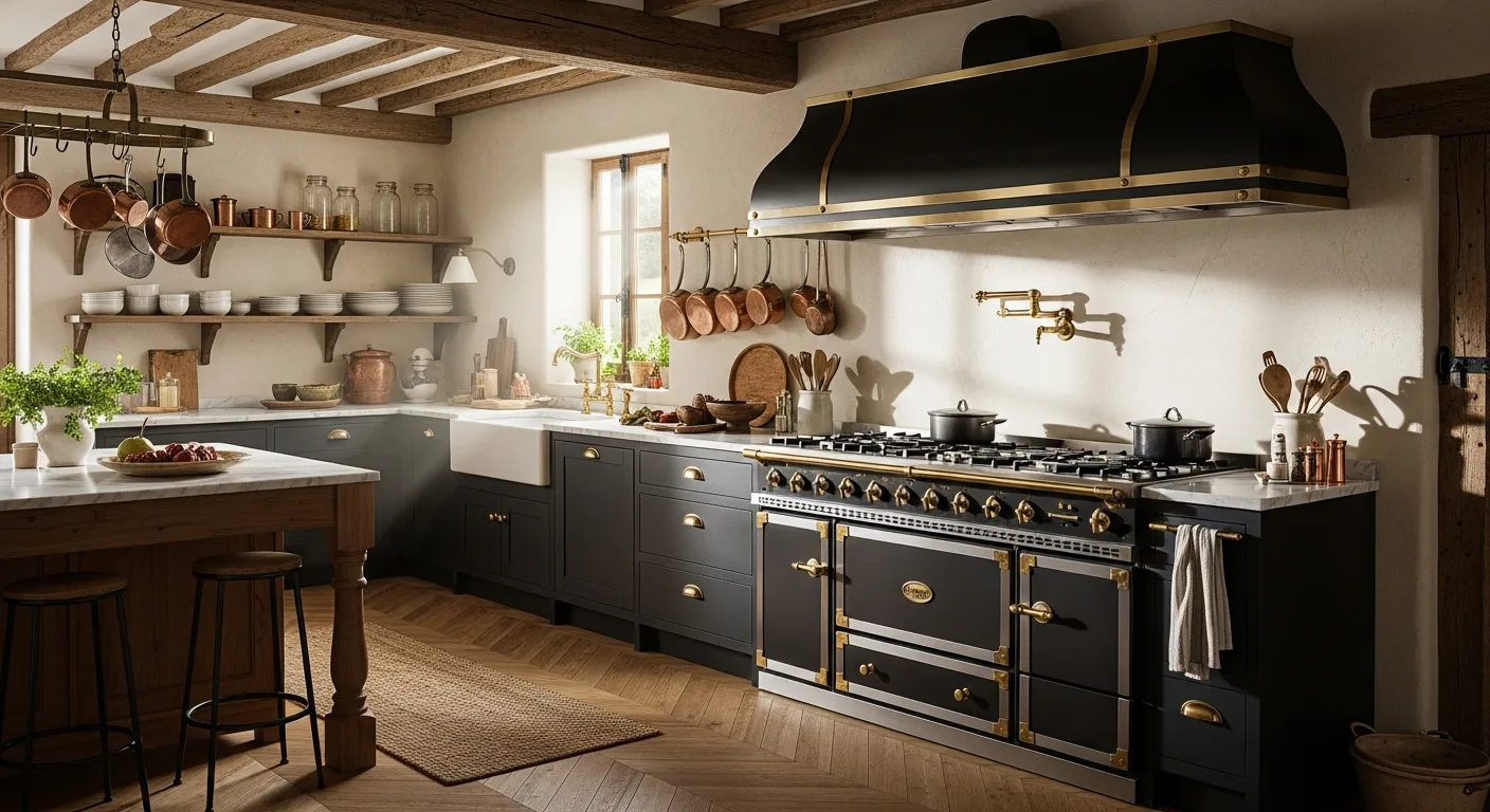 French country-luxury Orange County kitchen built around a handcrafted enameled range with polished brass trim as the centerpiece — representative of the La Cornue installs Akra services — serving Newport Beach, CA homeowners