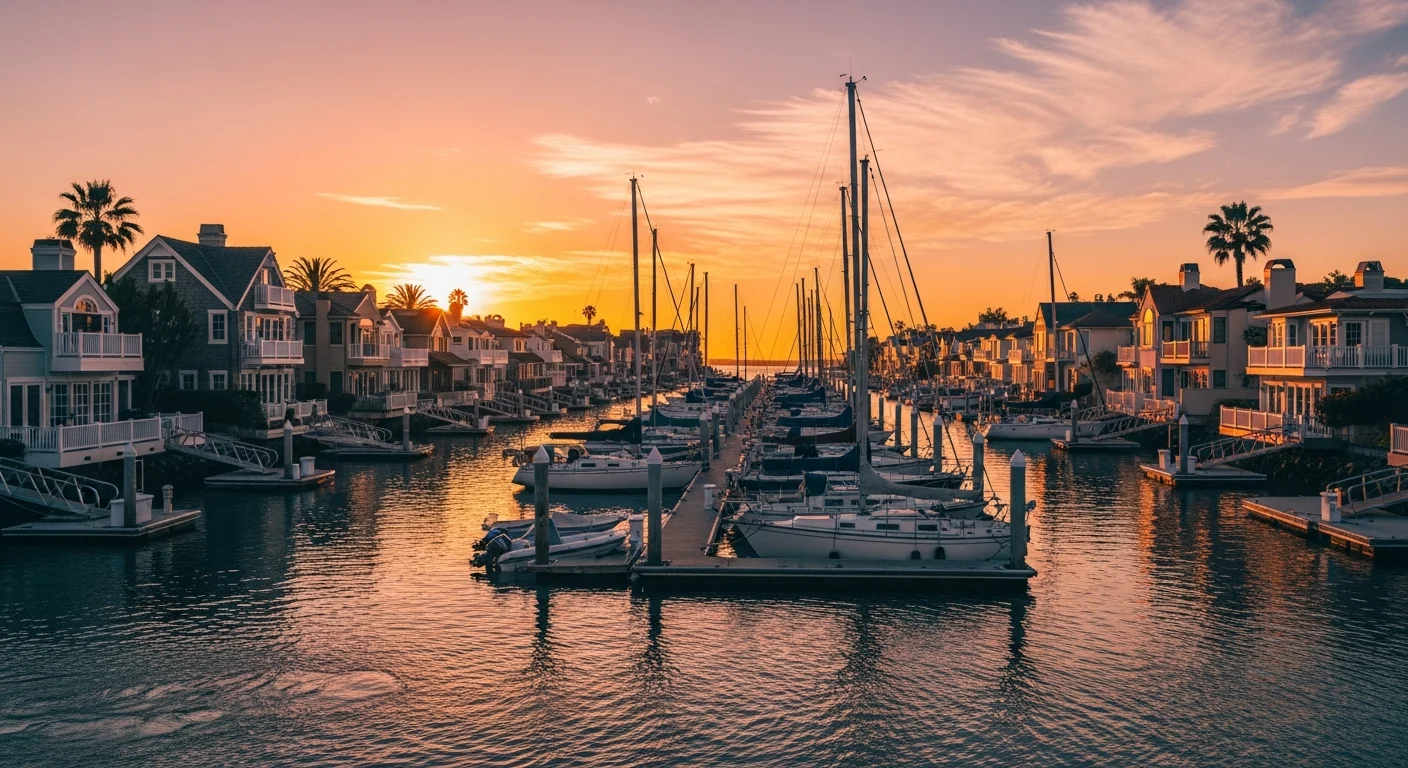 Lido Isle private island in Newport Beach at golden hour with Cape Cod and Mediterranean cottages along narrow waterfront lanes and sailboats moored at private docks