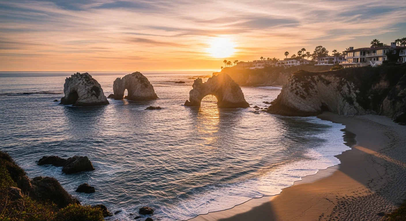 Three Arch Bay in Laguna Beach at sunset with iconic offshore arch rock formations, a hidden cove of sand, and bluff-top estates of the private gated community