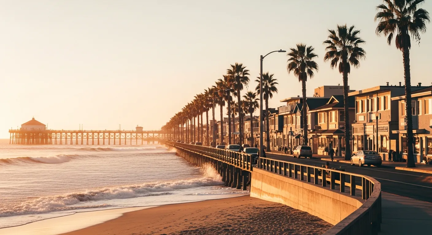 The historic Seal Beach pier and Main Street at golden hour with palm trees, surf shops, and Pacific waves breaking