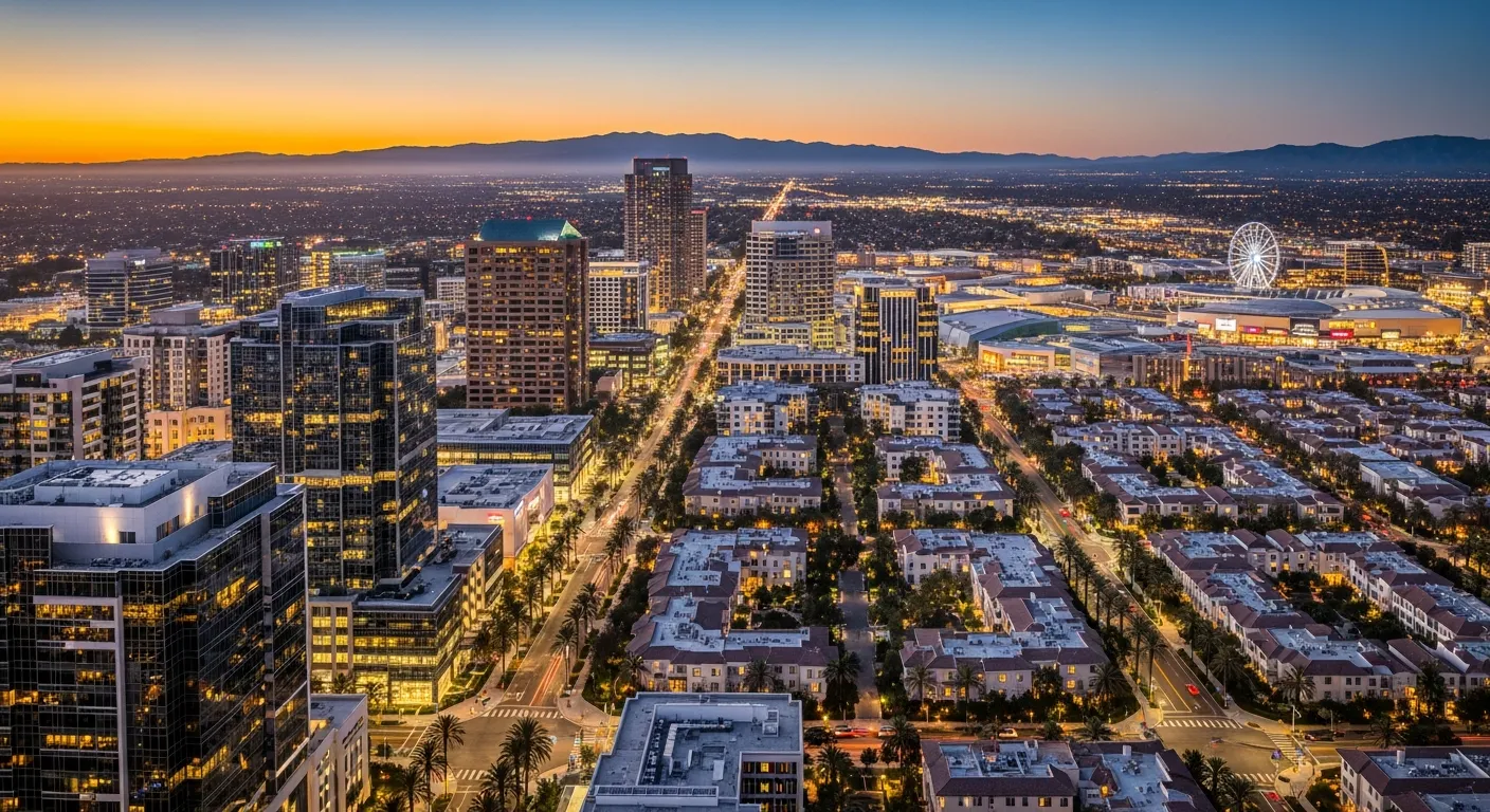 Aerial twilight view of Irvine, California showing modern glass office towers, master-planned villages, and palm-lined boulevards with the Santa Ana Mountains behind