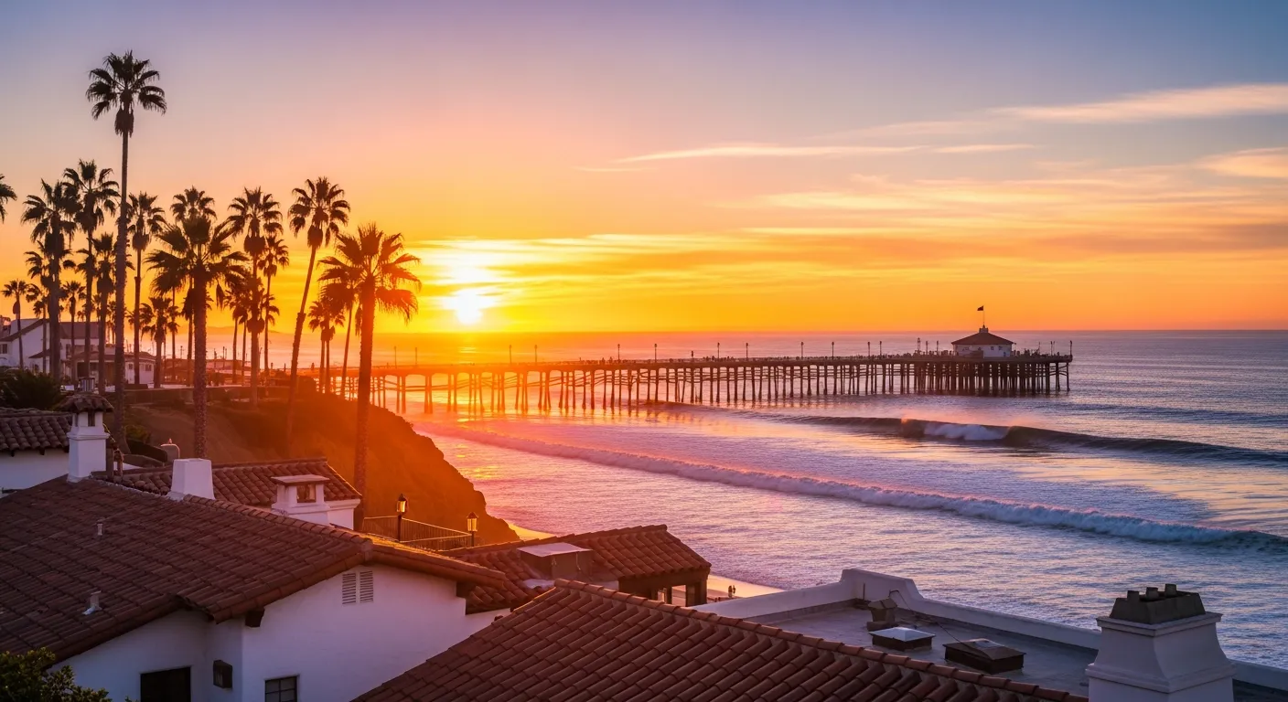 The San Clemente pier at golden hour with the Pacific Ocean, palm trees on the bluff, and Spanish-revival rooftops in the foreground