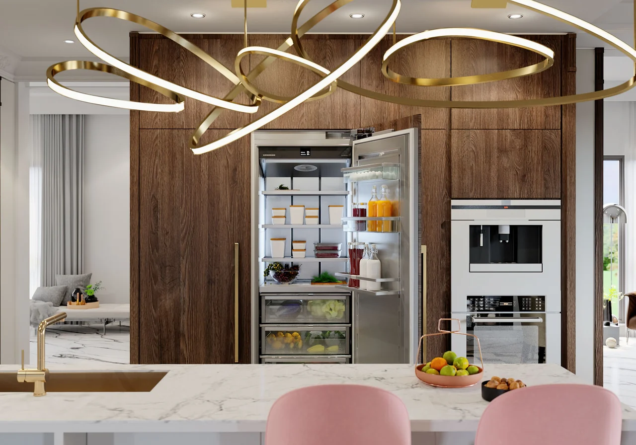 Liebherr Monolith MRB 3600 refrigerator open in a dark wood and white marble kitchen