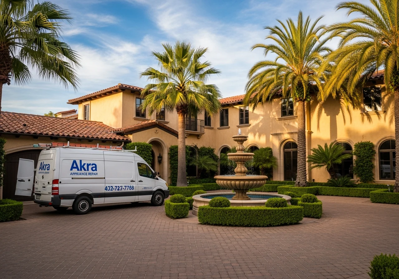 A white Akra Appliance Repair service van parked in the brick-paved motor court of a Mediterranean estate in Covenant Hills, Ladera Ranch, with a stone fountain and palms