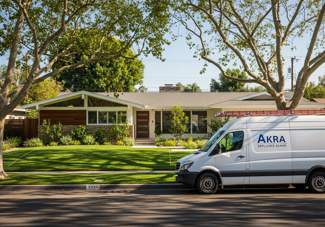 A white Akra Appliance Repair service van parked at the curb of a tastefully renovated mid-century ranch home in Rossmoor, Los Alamitos