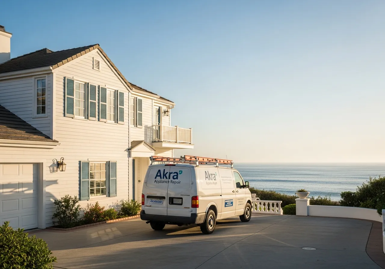 A white Akra Appliance Repair service van parked in the driveway of a Cape Cod style coastal home in Dana Point's Niguel Shores area