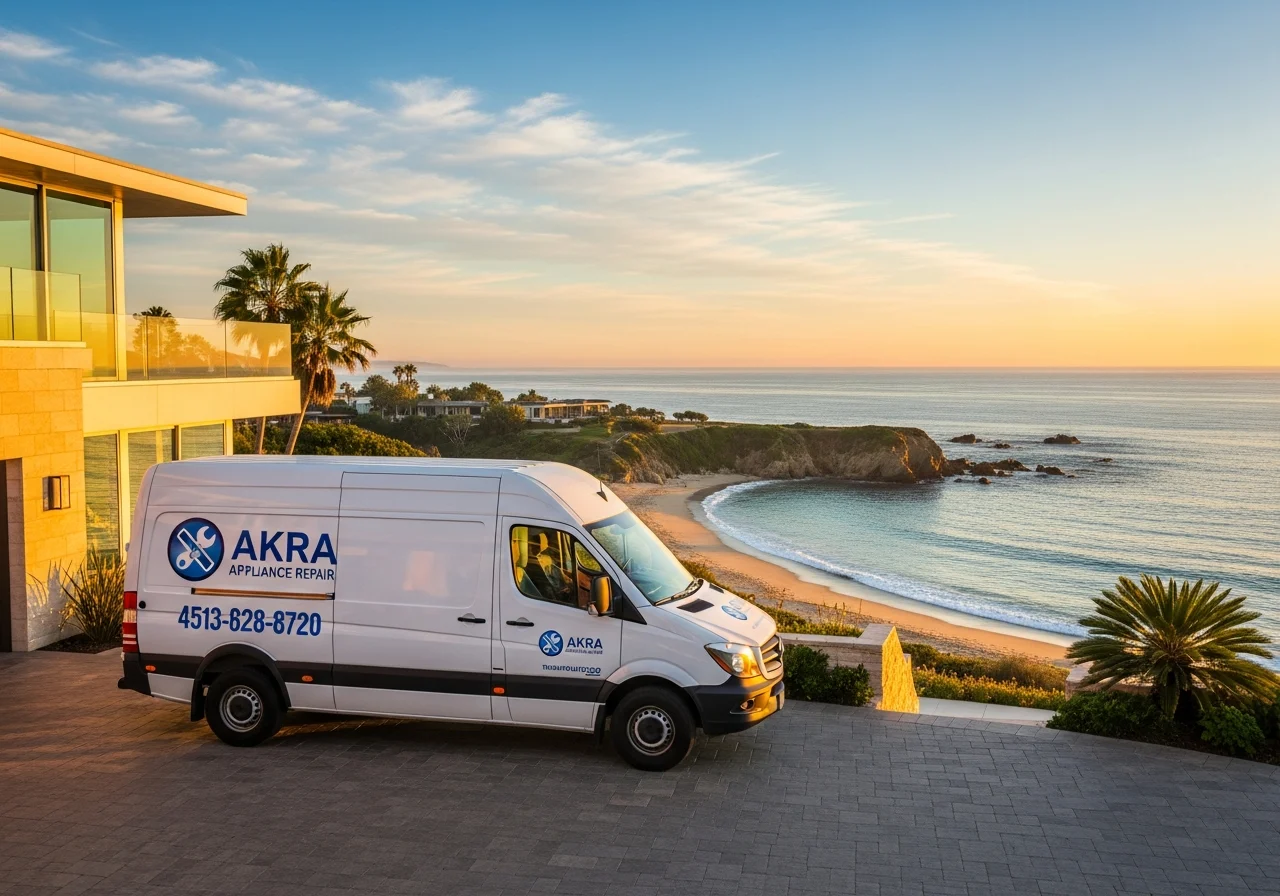 A white Akra Appliance Repair service van parked at a bluff-top contemporary coastal estate in Emerald Bay, Laguna Beach, with the private cove and Pacific Ocean in the background