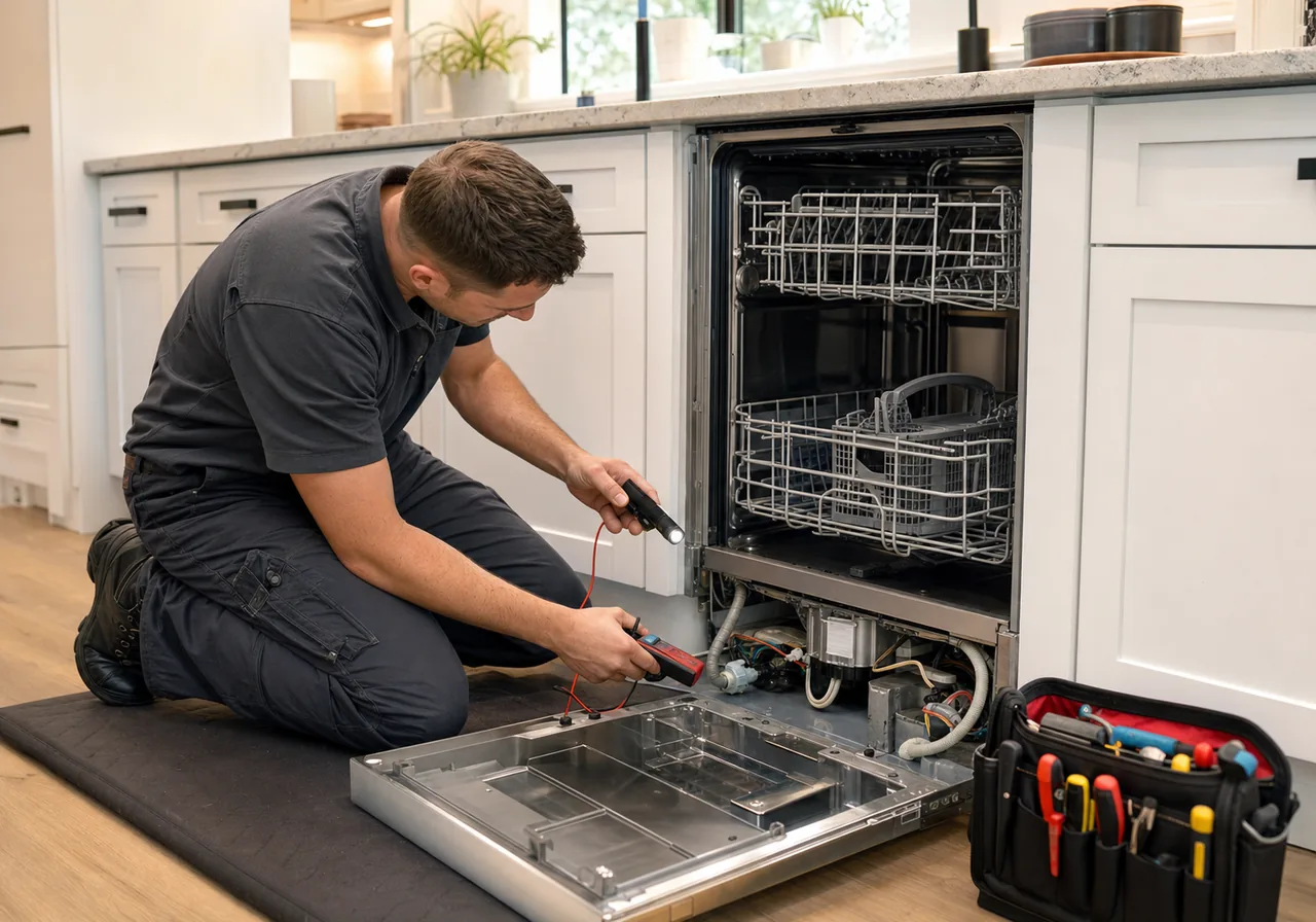 Appliance technician testing the lower pump and wiring area of an integrated dishwasher during an in-home service visit