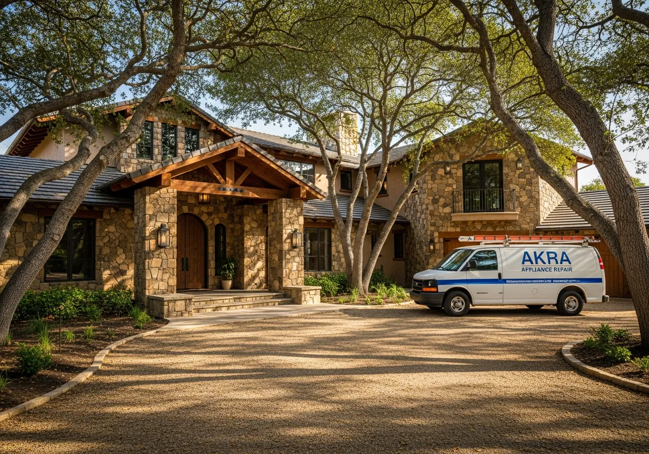 A white Akra Appliance Repair service van parked in front of a rustic custom hillside estate in Trabuco Canyon with stacked-stone facade and gravel driveway