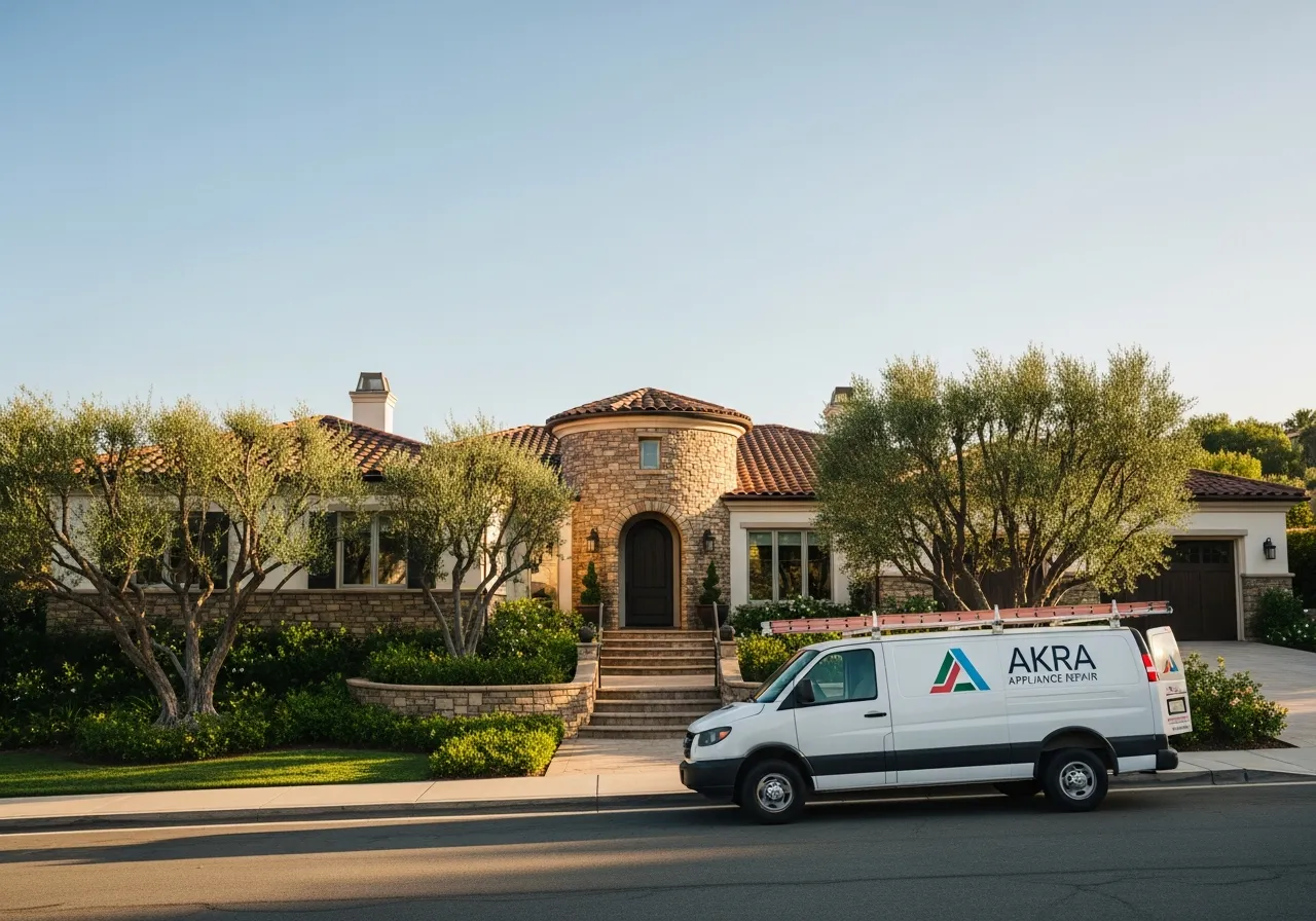A white Akra Appliance Repair service van parked at the curb of an upscale custom hillside home in Olinda Ranch, Brea