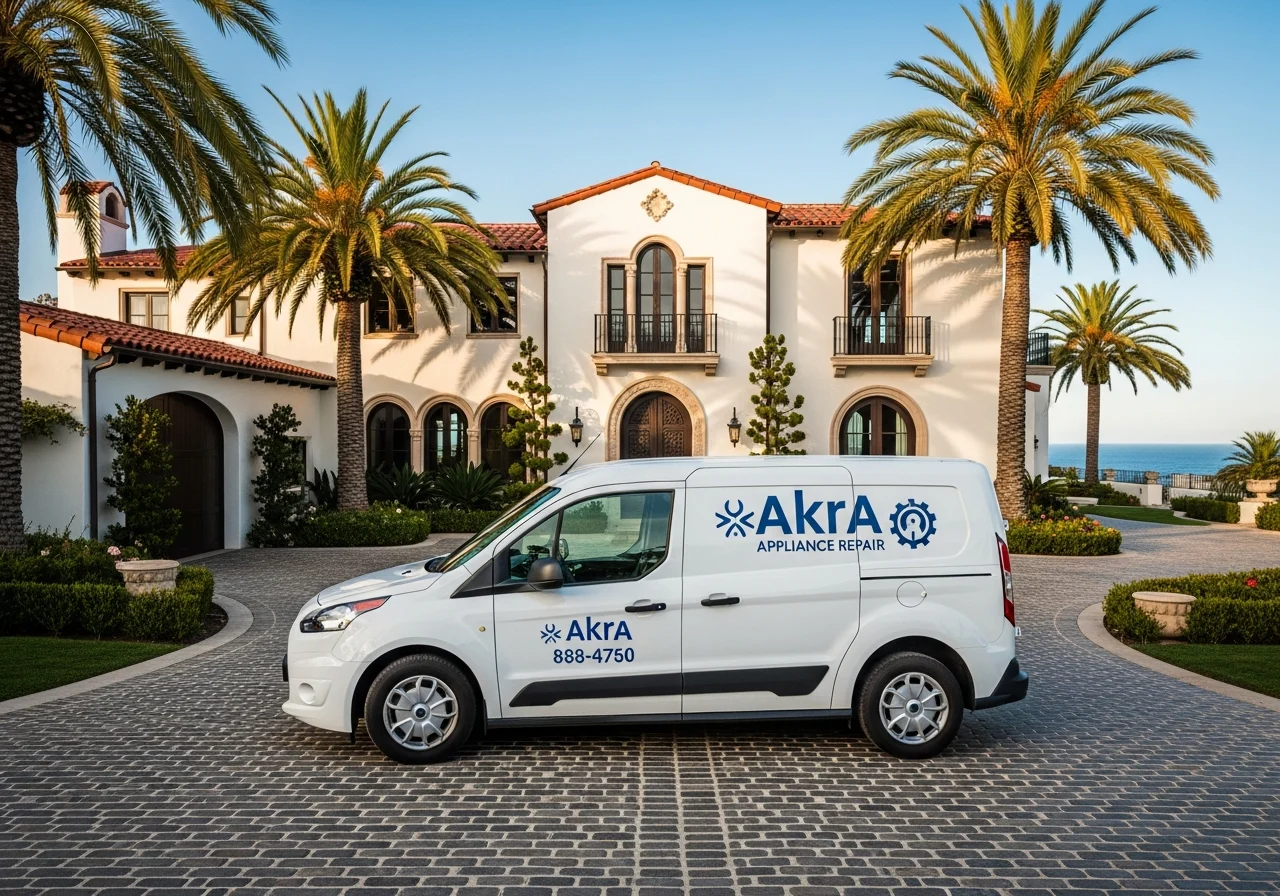 A white Akra Appliance Repair service van parked at a Spanish revival coastal estate in Crystal Cove, Newport Beach, with white stucco walls and a red tile roof