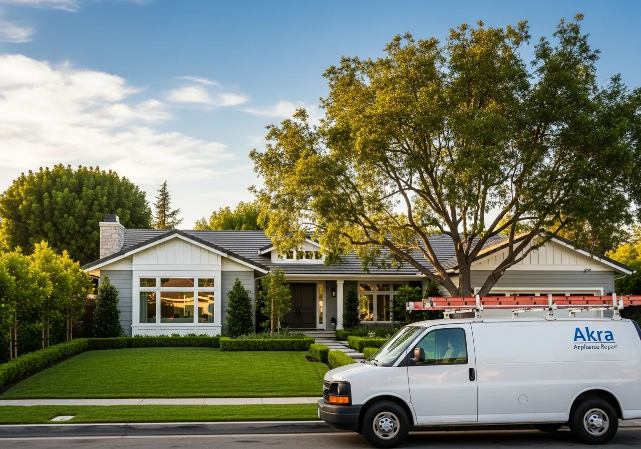 A white Akra Appliance Repair service van parked at the curb of a tastefully renovated single-story home in the Los Coyotes Country Club area of Buena Park