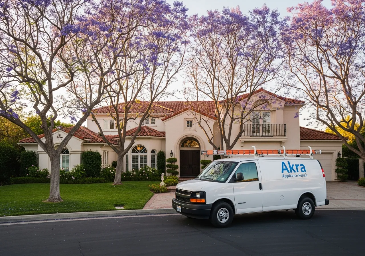 A white Akra Appliance Repair service van parked in the driveway of an upscale custom home in Alta Vista, Placentia, with mature jacaranda trees