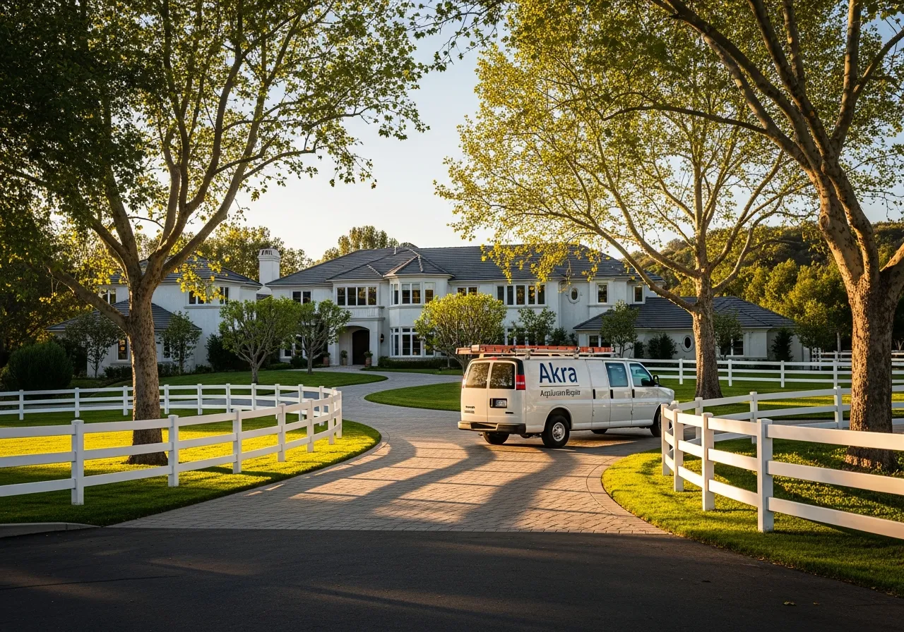 A white Akra Appliance Repair service van parked in front of a custom equestrian estate in Nellie Gail Ranch, Laguna Hills