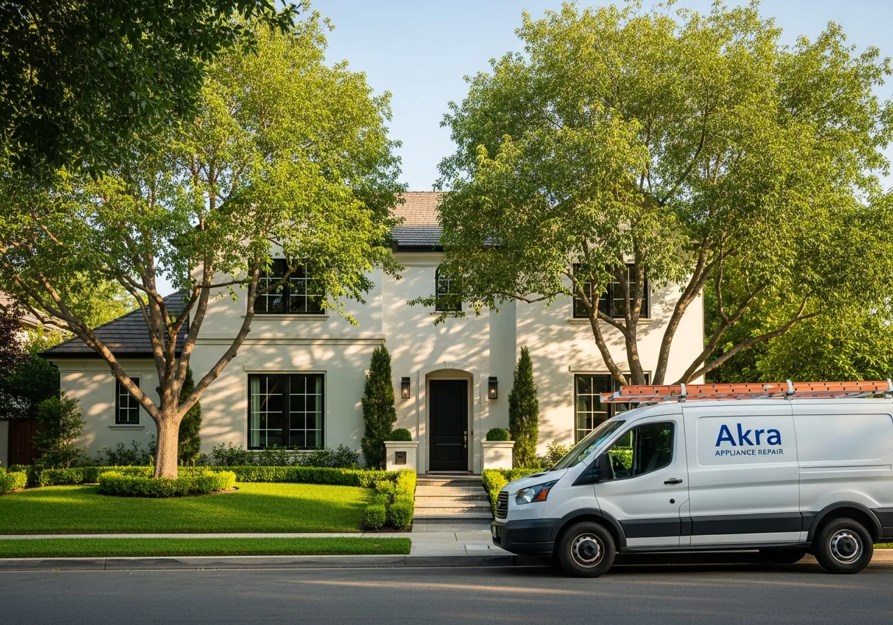A white Akra Appliance Repair service van parked at the curb of an upgraded two-story home in Cypress with mature pepper trees