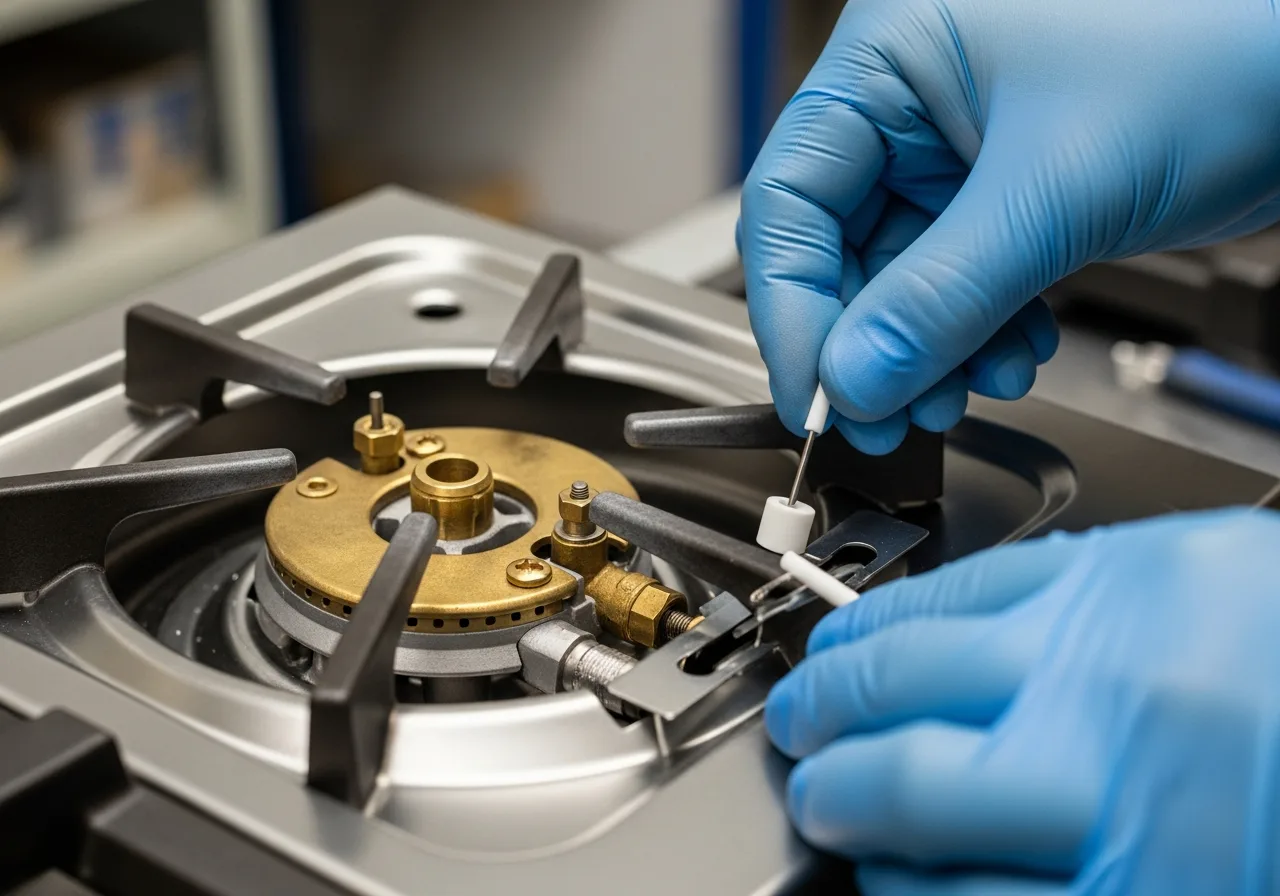 Appliance technician replacing a ceramic spark igniter on a professional gas range burner assembly during a Wolf service call