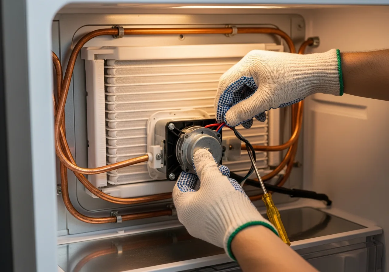 Appliance technician replacing an evaporator fan motor inside the back wall of a built-in refrigerator cabinet during a Sub-Zero service call
