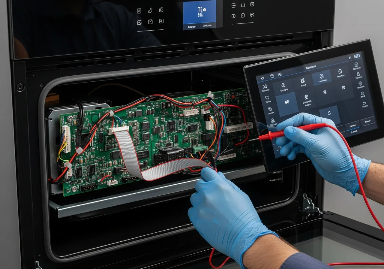 Appliance technician diagnosing the control panel of a contemporary obsidian-finish wall oven with the front bezel removed during a JennAir repair