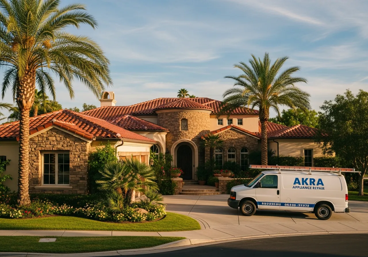 A white Akra Appliance Repair service van parked in the driveway of an upscale Mediterranean home in Las Flores with tile roof and stone accents