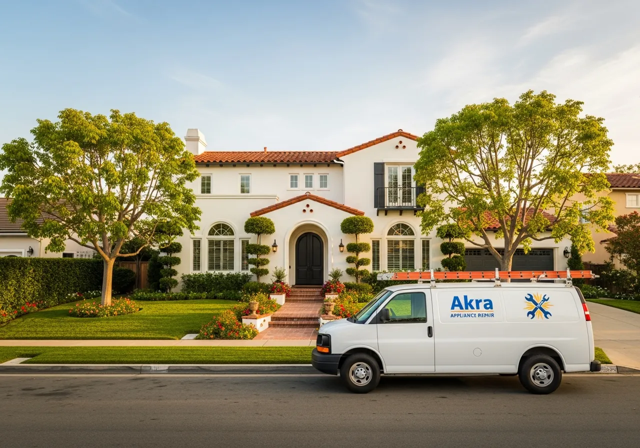 A white Akra Appliance Repair service van parked at the curb of a well-kept two-story home in La Palma