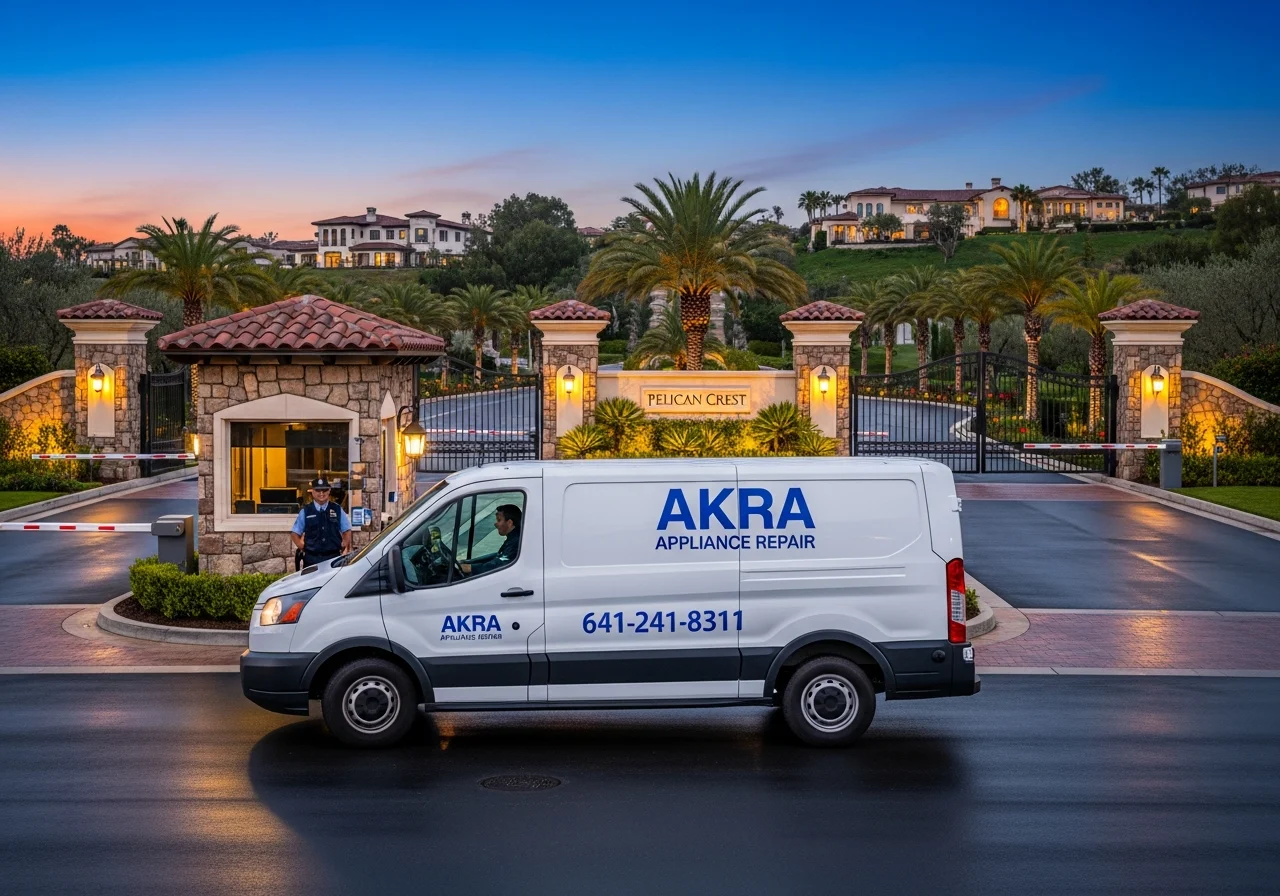 A white Akra Appliance Repair service van parked just inside the manned guard gate of the Pelican Crest community in Newport Coast