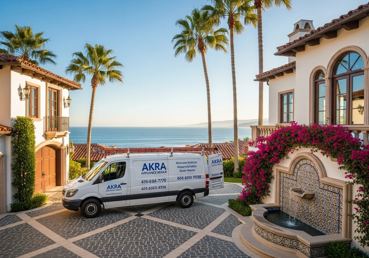A white Akra Appliance Repair service van parked on the cobblestone motor court of a Mediterranean oceanfront estate in Newport Coast