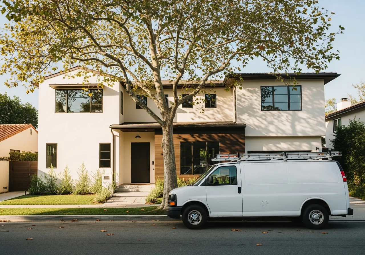A white Akra Appliance Repair service van parked at the curb of a transitional modern home in the Mesa Verde neighborhood of Costa Mesa