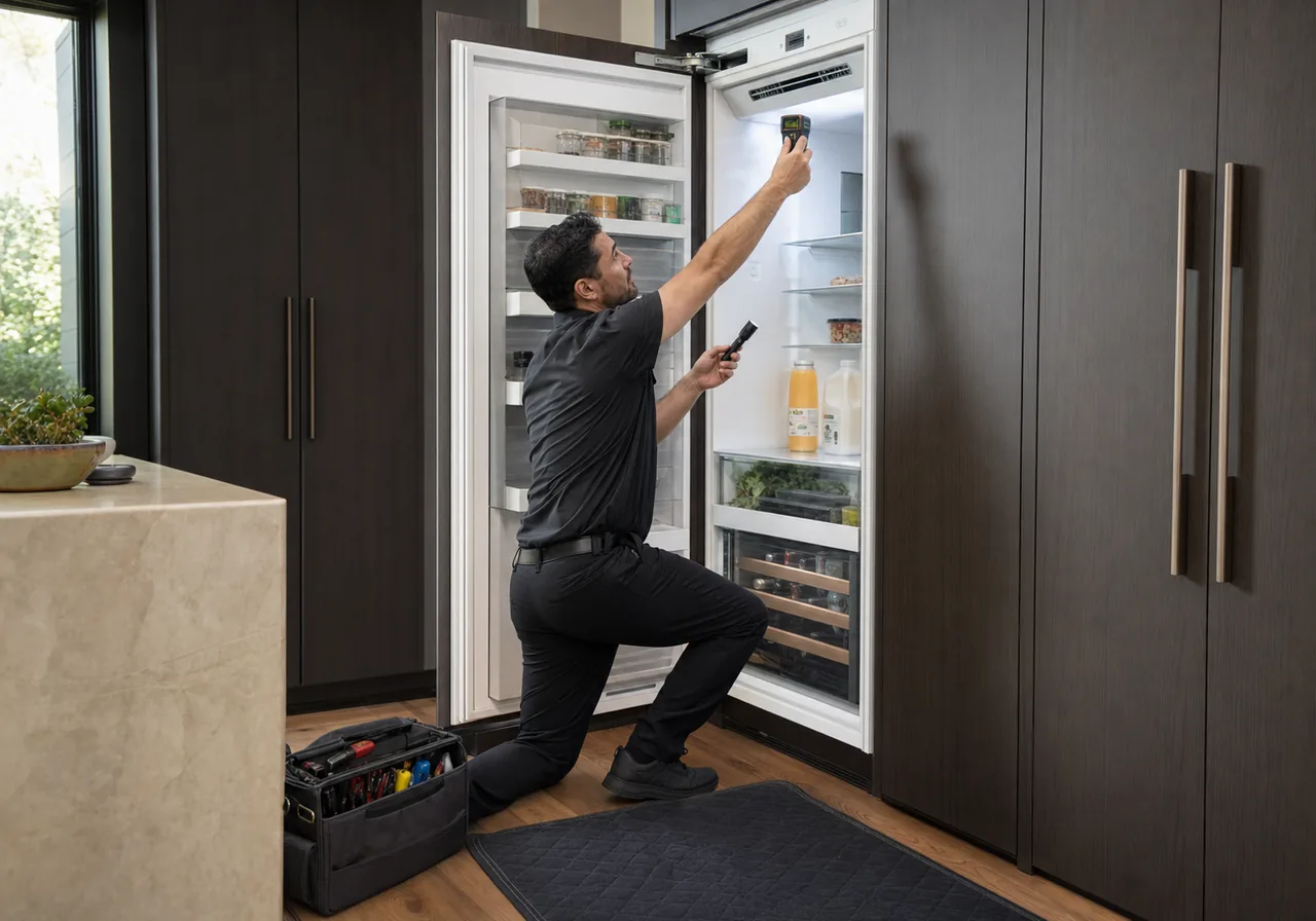Appliance technician checking airflow and temperature inside a tall integrated premium refrigerator