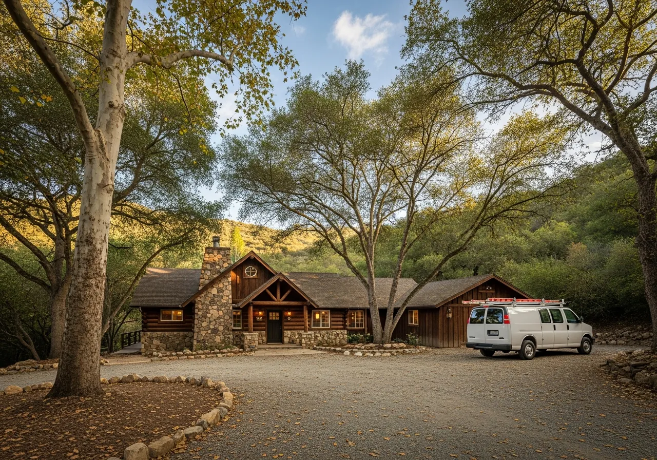 A white Akra Appliance Repair service van parked under towering sycamores in front of a rustic cabin-style home in Silverado Canyon