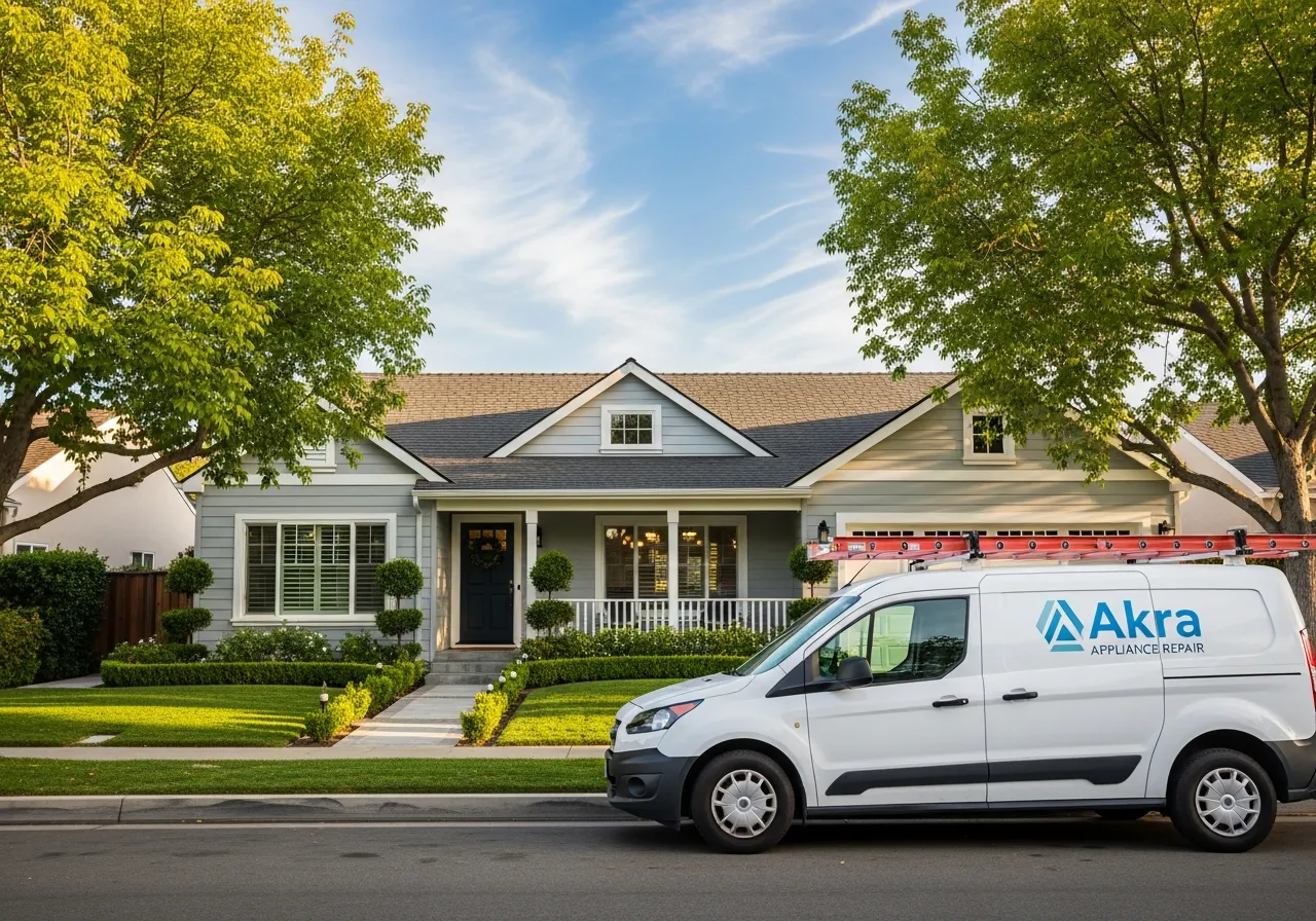 A white Akra Appliance Repair service van parked at the curb of a tastefully updated single-story home in Westminster